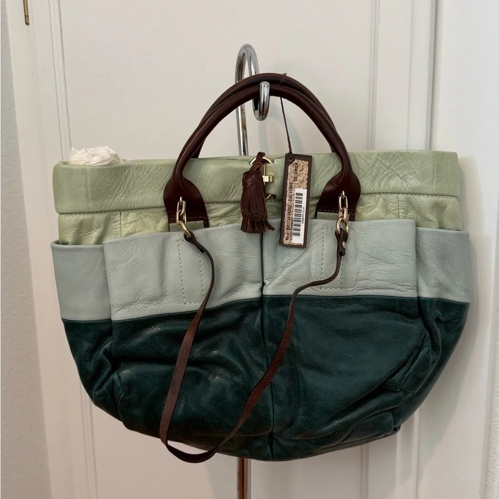 Women’s Colorblock Leather Tote Bag - Mint, Light Gray & Forest Green